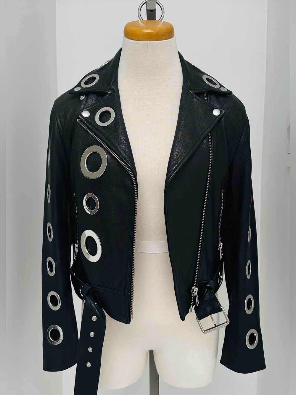 Kendall & Kylie Black Leather Moto Jacket with Silver Eyelets
